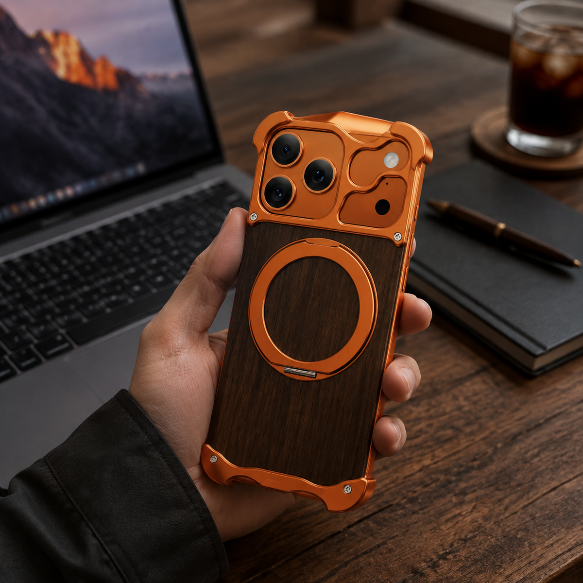 Premium iPhone Case MagSafe Compatible Magnetic Protective Cover Wood Back Aluminum Frame 360° Rotating Ring Stand Shockproof Camera Lens Protection Slim Design