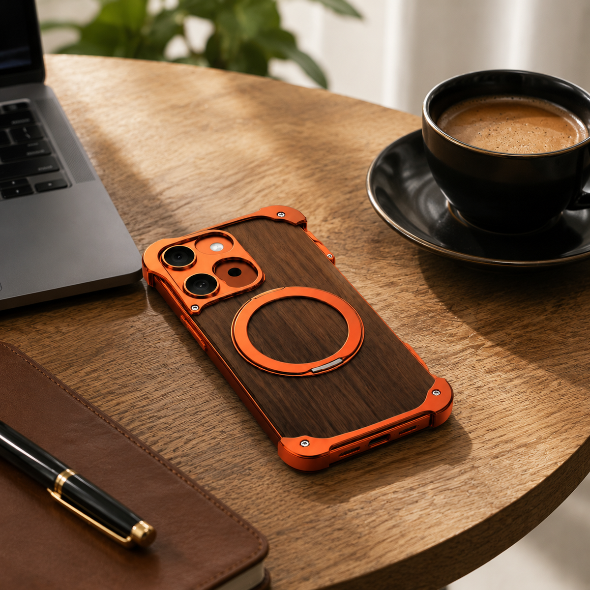 Premium iPhone Case MagSafe Compatible Magnetic Protective Cover Wood Back Aluminum Frame 360° Rotating Ring Stand Shockproof Camera Lens Protection Slim Design