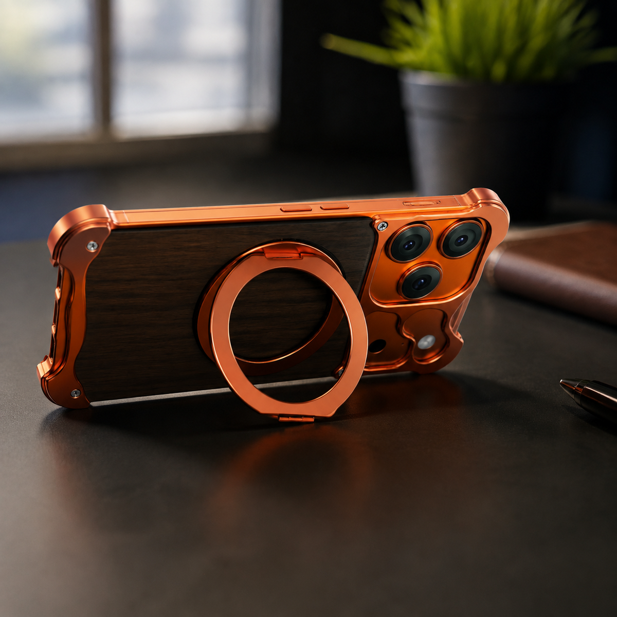 Premium iPhone Case MagSafe Compatible Magnetic Protective Cover Wood Back Aluminum Frame 360° Rotating Ring Stand Shockproof Camera Lens Protection Slim Design