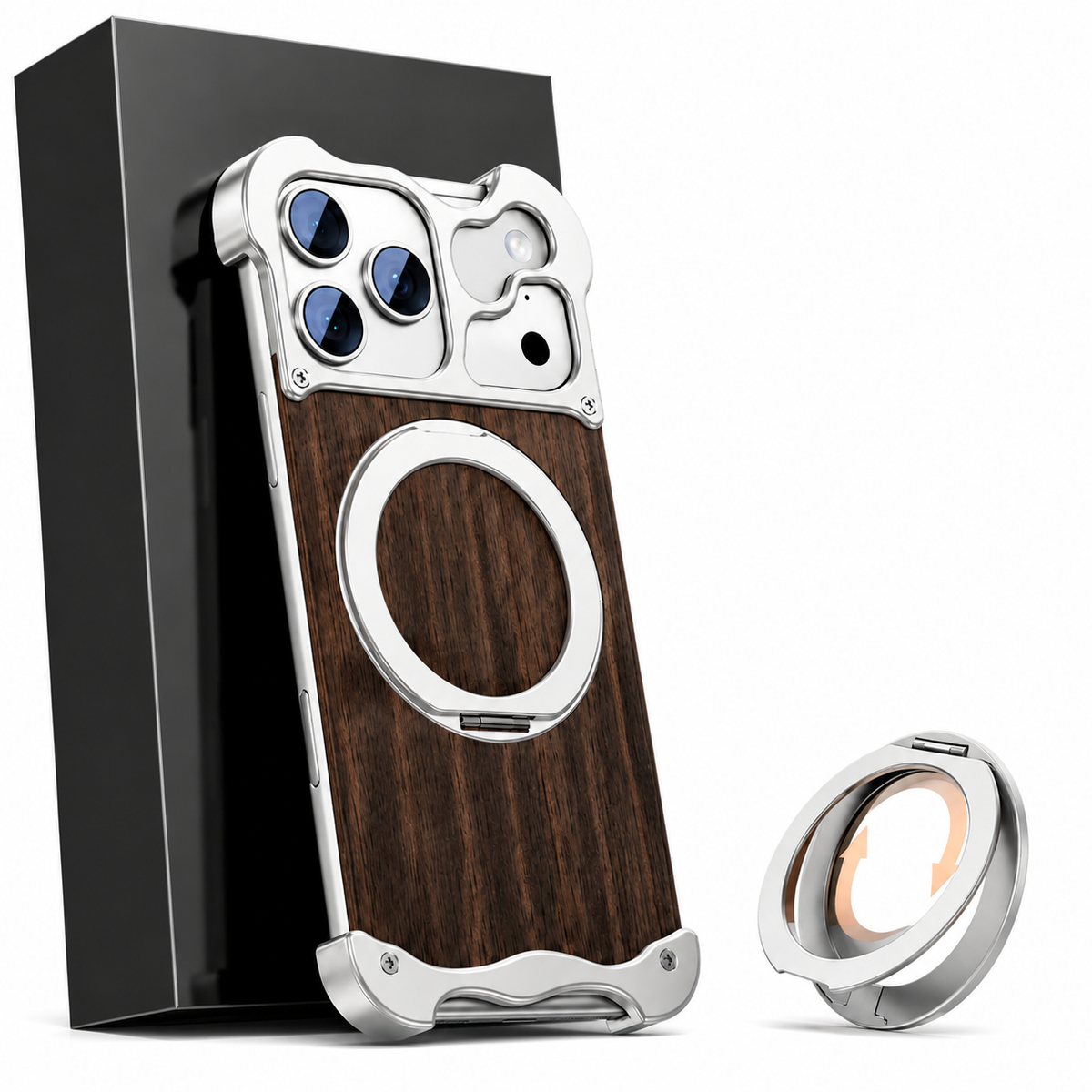 Premium iPhone Case MagSafe Compatible Magnetic Protective Cover Wood Back Aluminum Frame 360° Rotating Ring Stand Shockproof Camera Lens Protection Slim Design