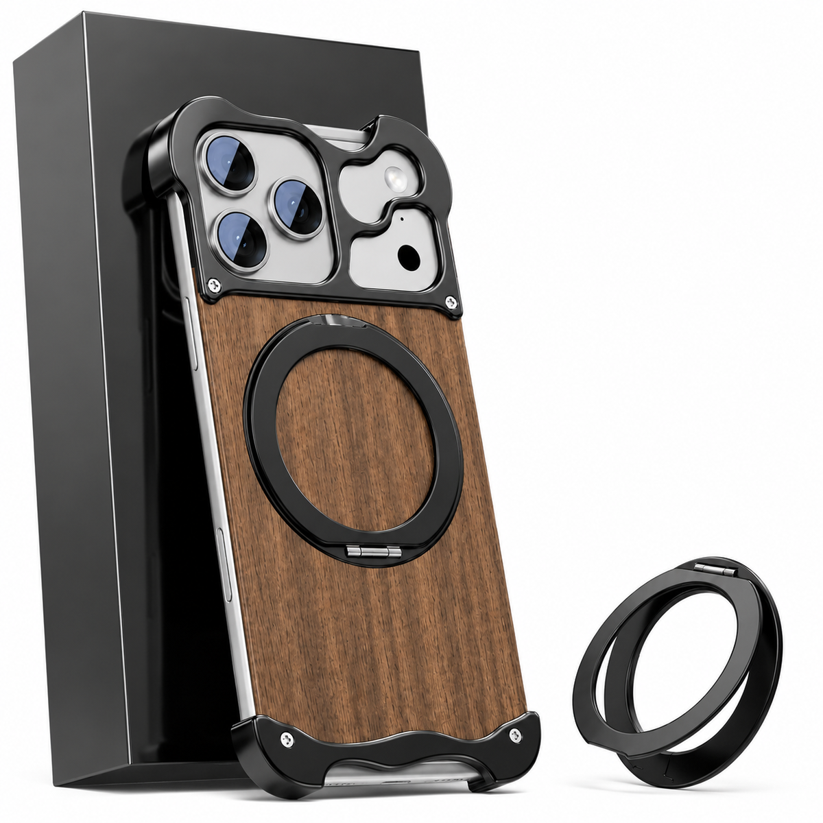 Premium iPhone Case MagSafe Compatible Magnetic Protective Cover Wood Back Aluminum Frame 360° Rotating Ring Stand Shockproof Camera Lens Protection Slim Design