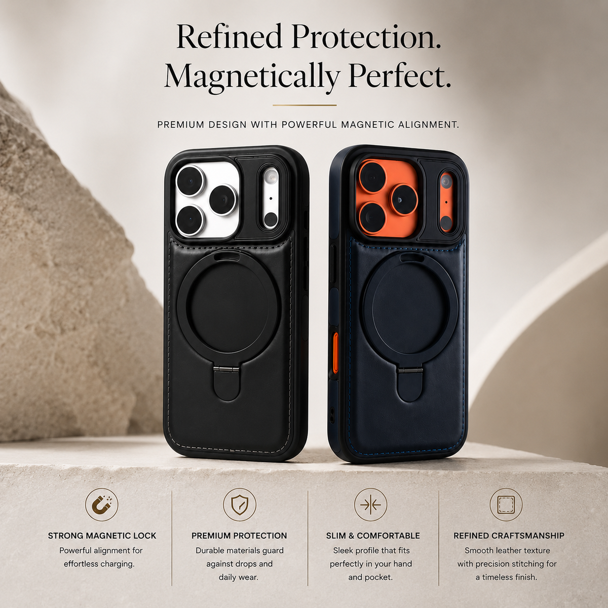 Premium iPhone Case MagSafe Compatible Retro Leather Protective Cover Invisible Kickstand Shockproof Slim Business Full Coverage Camera Lens Guard Design