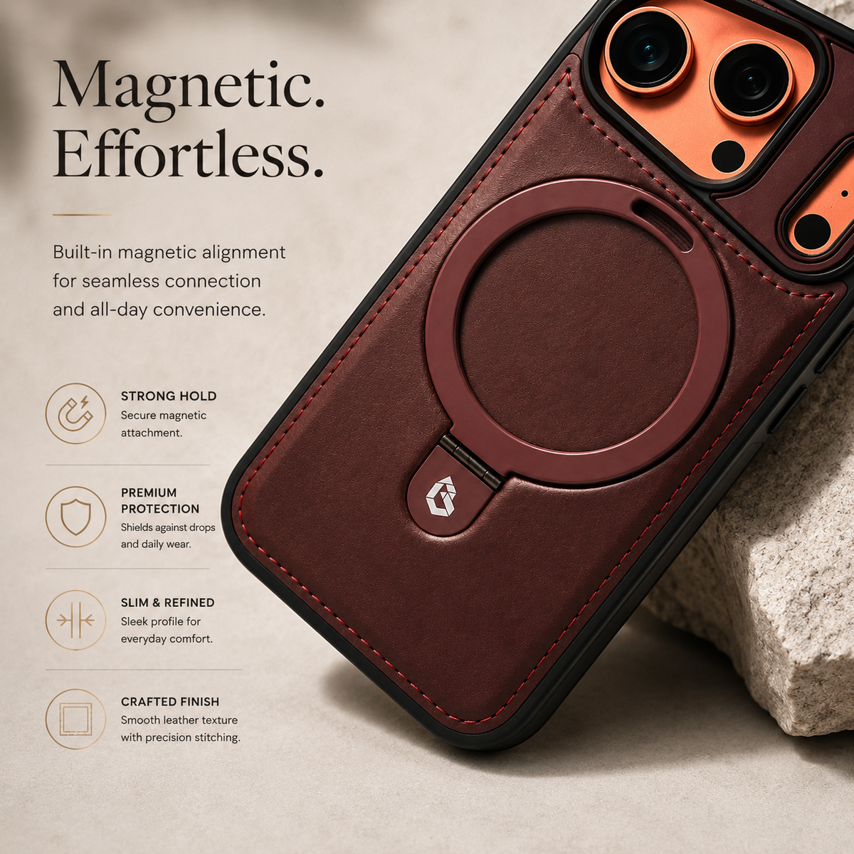 Premium iPhone Case MagSafe Compatible Retro Leather Protective Cover Invisible Kickstand Shockproof Slim Business Full Coverage Camera Lens Guard Design