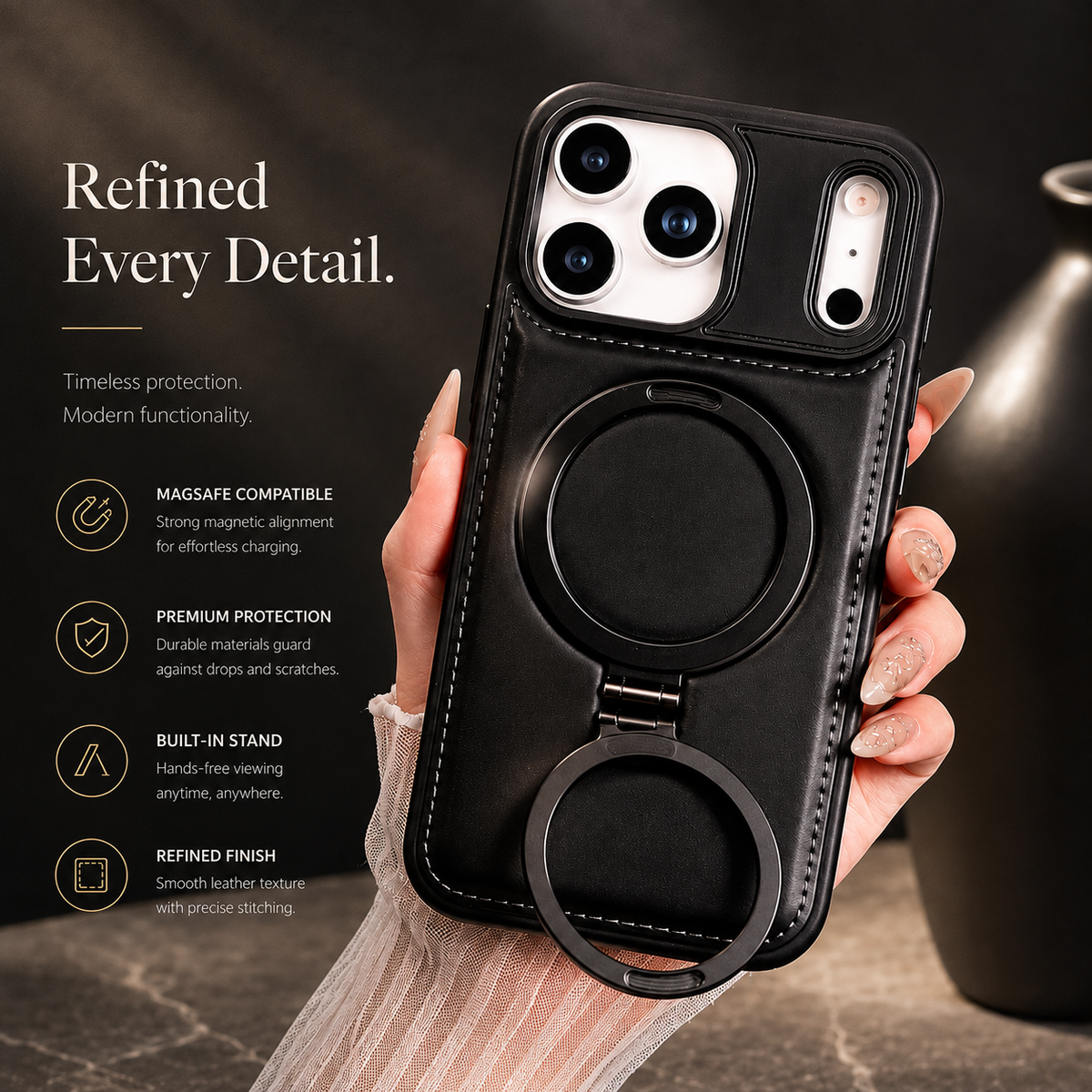 Premium iPhone Case MagSafe Compatible Retro Leather Protective Cover Invisible Kickstand Shockproof Slim Business Full Coverage Camera Lens Guard Design