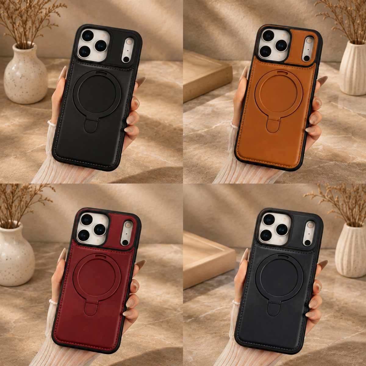 Premium iPhone Case MagSafe Compatible Retro Leather Protective Cover Invisible Kickstand Shockproof Slim Business Full Coverage Camera Lens Guard Design