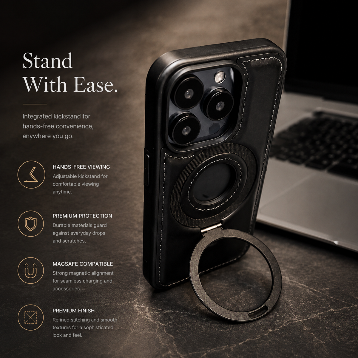 Premium iPhone Case MagSafe Compatible Retro Leather Protective Cover Invisible Kickstand Shockproof Slim Business Full Coverage Camera Lens Guard Design