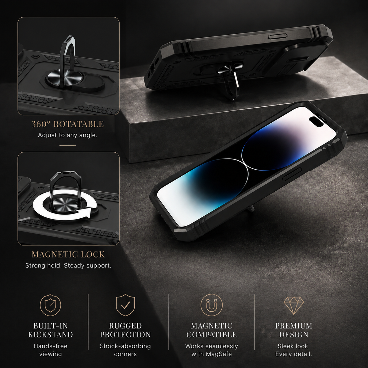 Premium iPhone Case MagSafe Compatible Rugged Armor Card Holder Cover Kickstand Shockproof Protection Camera Lens Guard Slim Magnetic Heavy Duty Design