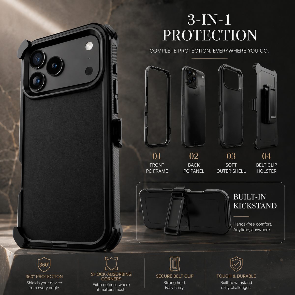 Premium iPhone Case MagSafe Compatible Rugged Holster Cover 3 Layer Shockproof Protection Heavy Duty Armor Belt Clip Camera Lens Guard Durable Design
