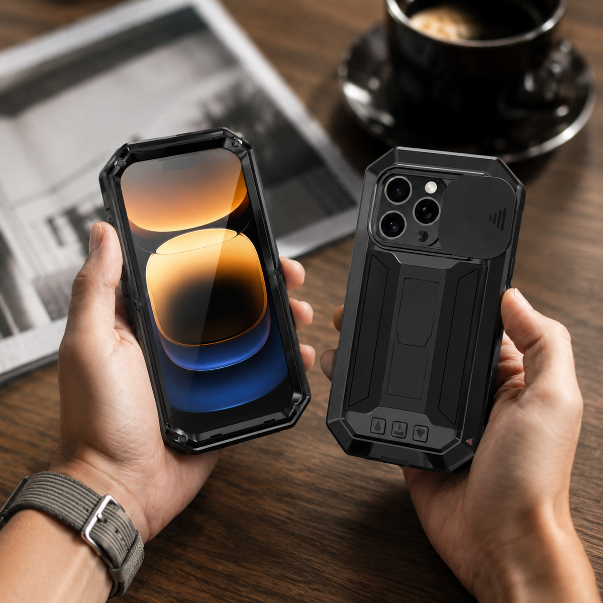 Premium iPhone Case MagSafe Compatible Rugged Metal Armor Shockproof Protective Cover Full Body Slide Camera Cover Tempered Glass Screen Heavy Duty Design
