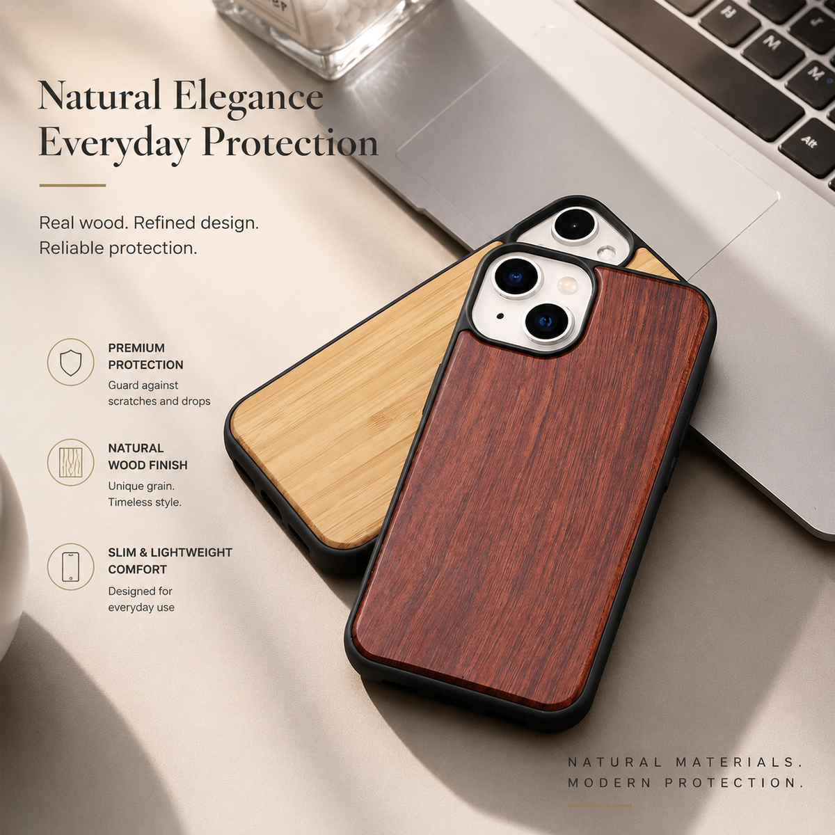 Premium iPhone Case MagSafe Compatible Solid Bamboo Wood Shockproof Protective Cover Hard Back Camera Lens Protection Slim Natural Design