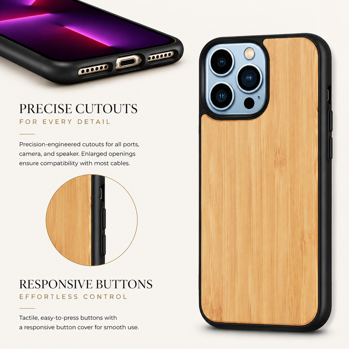 Premium iPhone Case MagSafe Compatible Solid Bamboo Wood Shockproof Protective Cover Hard Back Camera Lens Protection Slim Natural Design