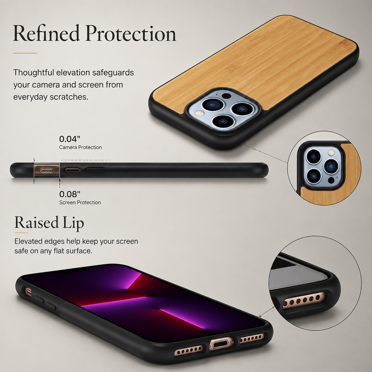 Premium iPhone Case MagSafe Compatible Solid Bamboo Wood Shockproof Protective Cover Hard Back Camera Lens Protection Slim Natural Design