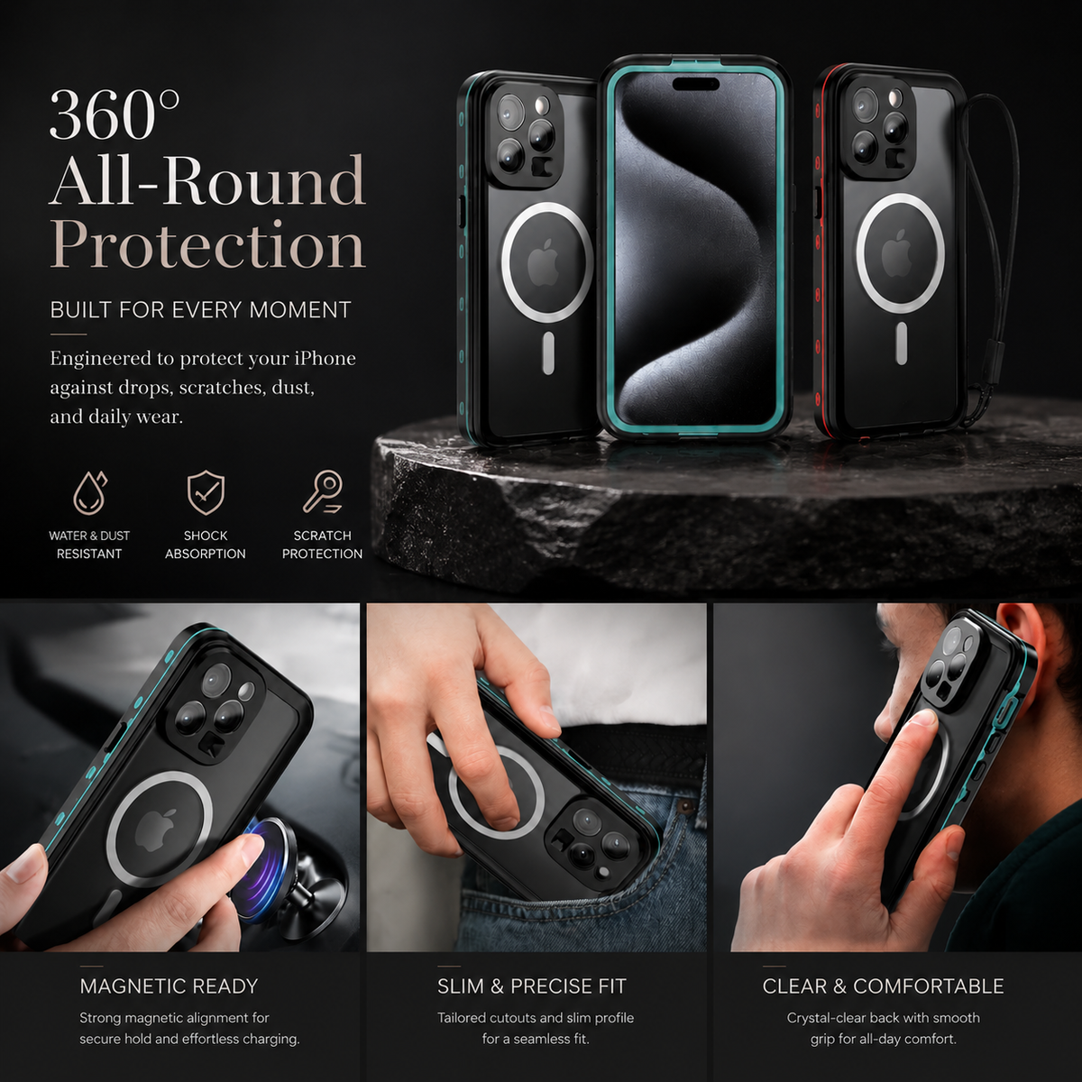 Premium iPhone Case MagSafe Compatible Waterproof IP68 Cover 360° Full Body Shockproof Protection Dustproof Camera Lens Guard Slim Rugged Outdoor Design