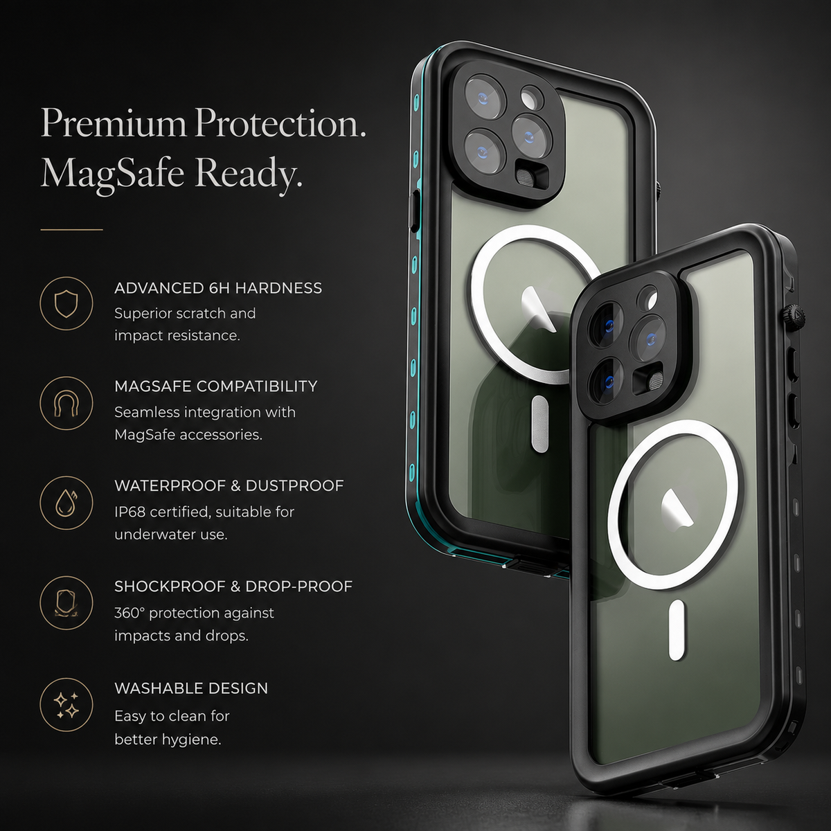 Premium iPhone Case MagSafe Compatible Waterproof IP68 Shockproof Protective Cover Full Body Sealed Camera Lens Protection Transparent Rugged Design
