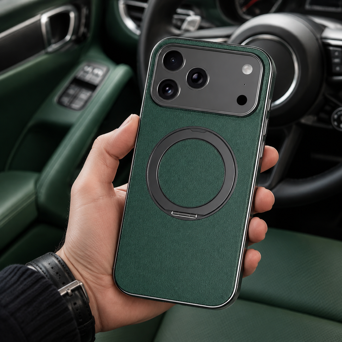 Premium iPhone Case MagSafe Cowhide Leather Magnetic Ring Holder Shockproof Protective Cover Camera Lens Protection PC TPU Anti Scratch Slim Grip