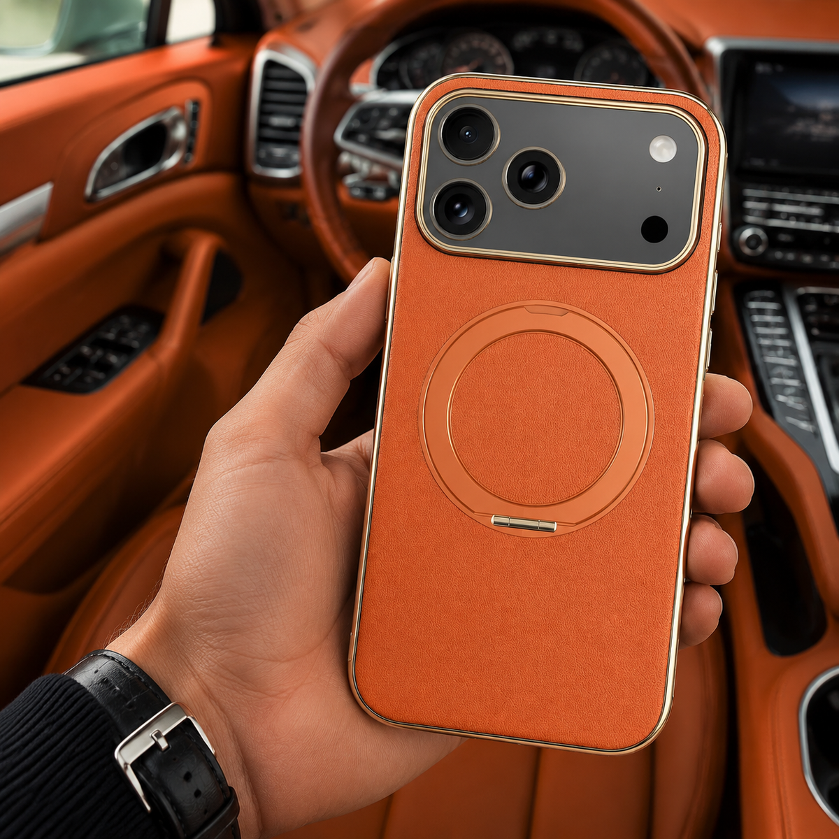 Premium iPhone Case MagSafe Cowhide Leather Magnetic Ring Holder Shockproof Protective Cover Camera Lens Protection PC TPU Anti Scratch Slim Grip