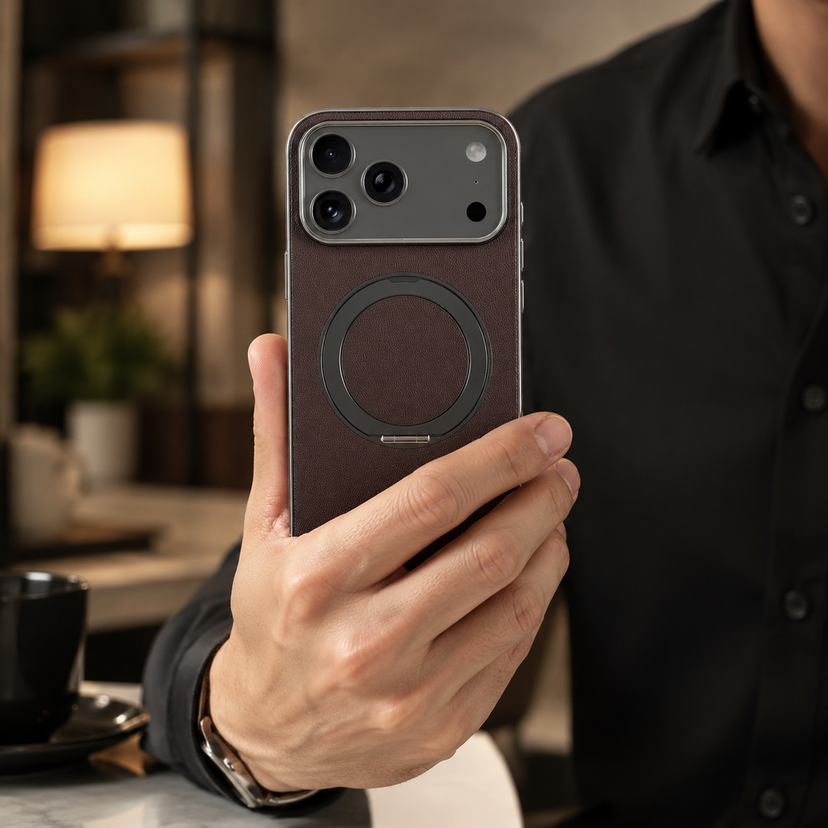 Premium iPhone Case MagSafe Cowhide Leather Magnetic Ring Holder Shockproof Protective Cover Camera Lens Protection PC TPU Anti Scratch Slim Grip