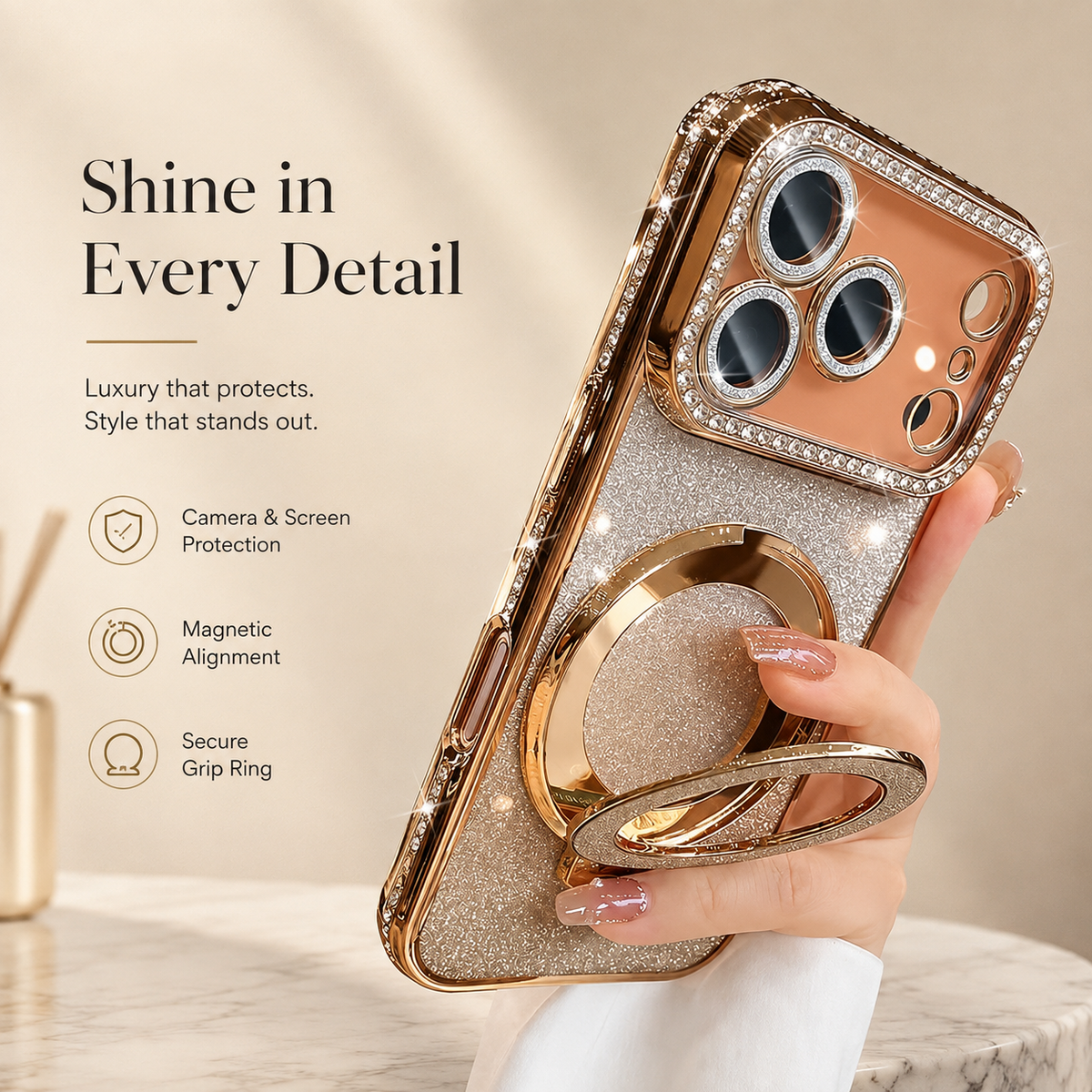 Premium iPhone Case MagSafe Diamond Glitter Clear Magnetic Stand Lens Protection Soft TPU Sparkling Shockproof Protective Cover for iPhone