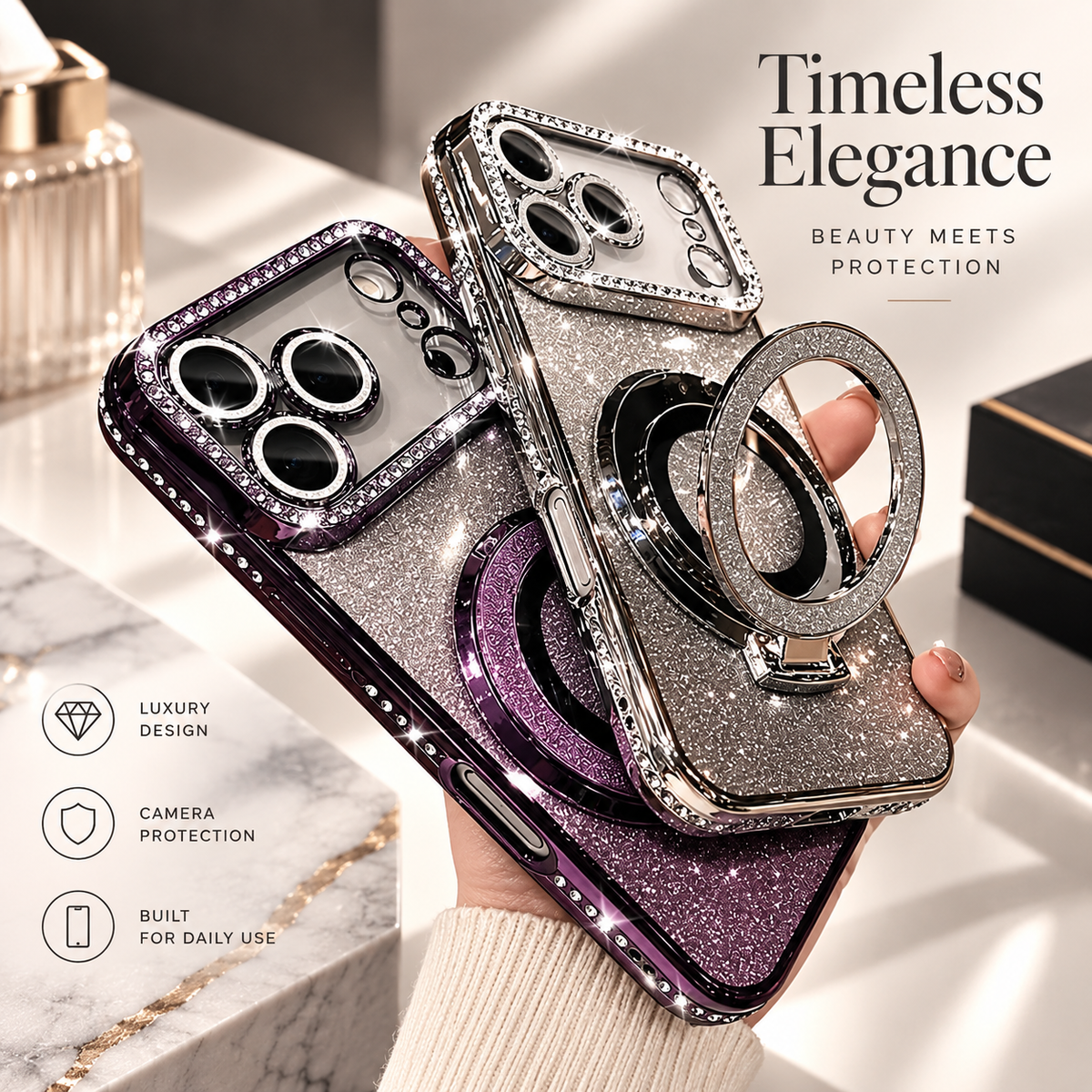 Premium iPhone Case MagSafe Diamond Glitter Clear Magnetic Stand Lens Protection Soft TPU Sparkling Shockproof Protective Cover for iPhone