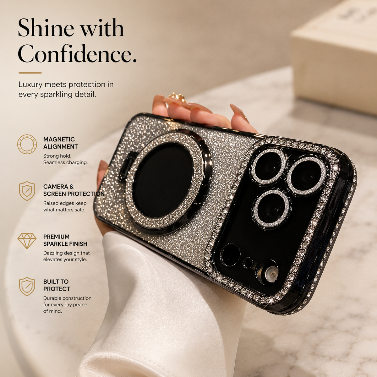 Premium iPhone Case MagSafe Diamond Glitter Clear Magnetic Stand Lens Protection Soft TPU Sparkling Shockproof Protective Cover for iPhone
