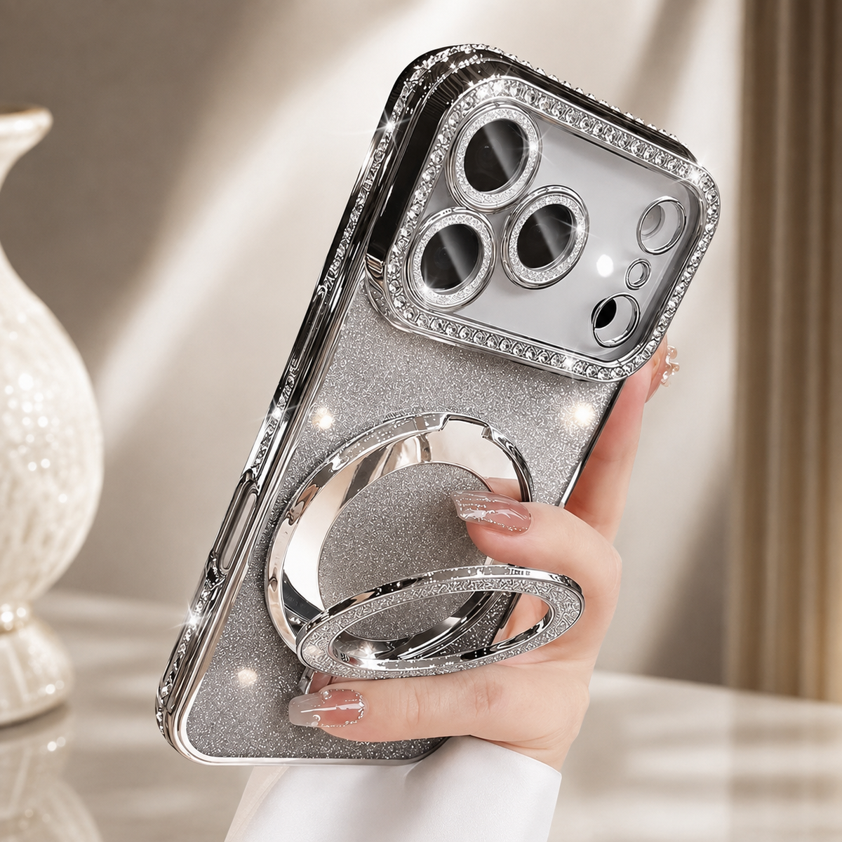 Premium iPhone Case MagSafe Diamond Glitter Clear Magnetic Stand Lens Protection Soft TPU Sparkling Shockproof Protective Cover for iPhone