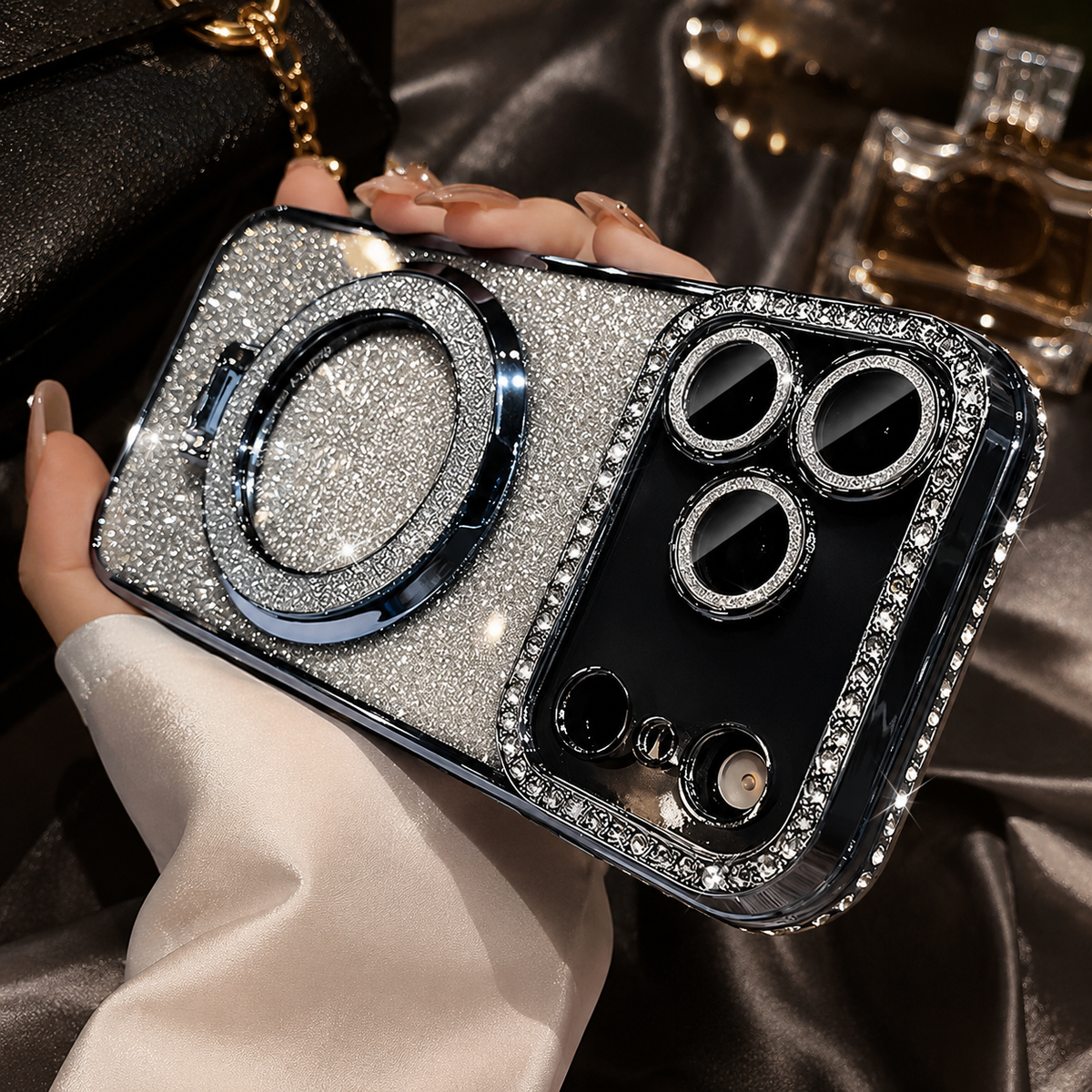 Premium iPhone Case MagSafe Diamond Glitter Clear Magnetic Stand Lens Protection Soft TPU Sparkling Shockproof Protective Cover for iPhone