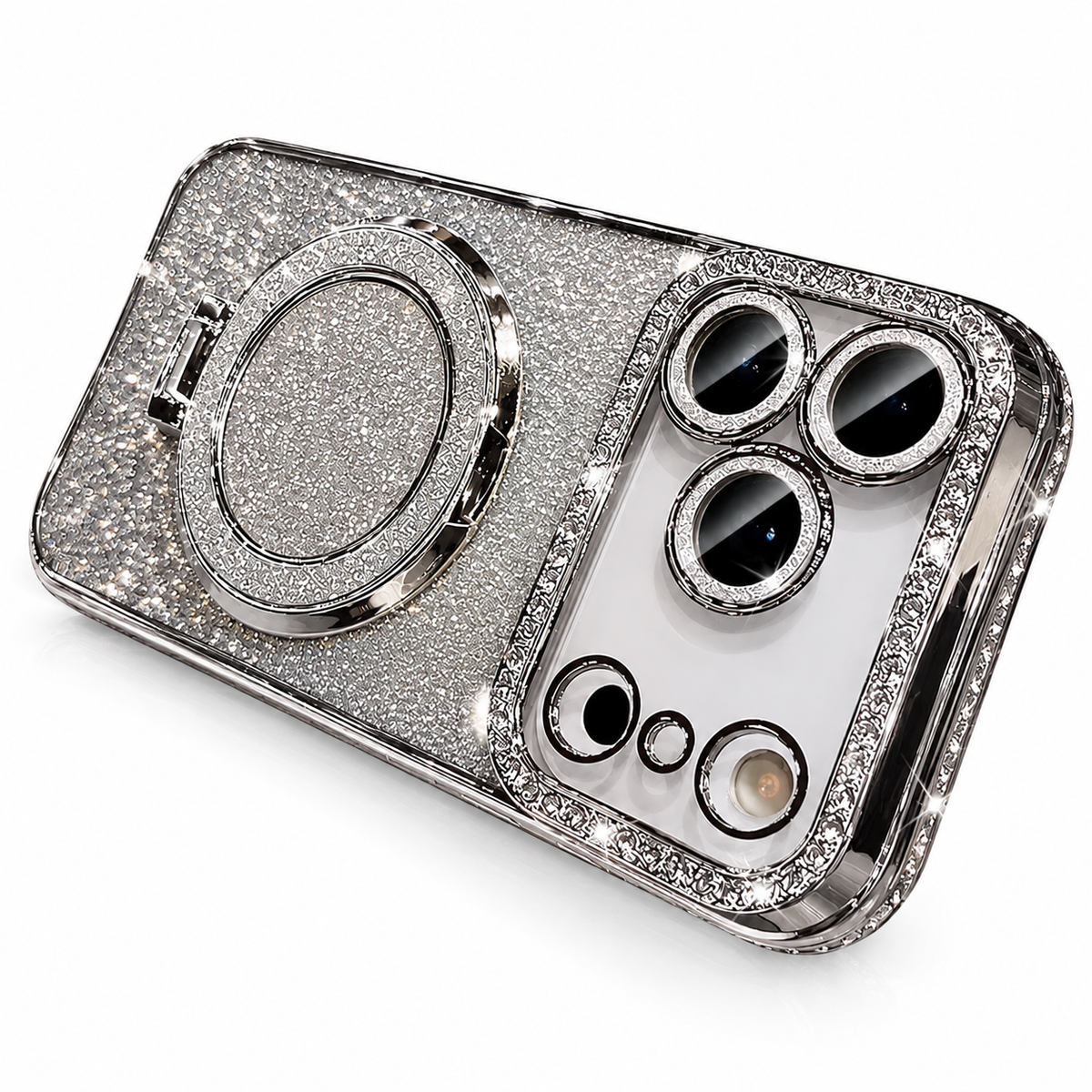 Premium iPhone Case MagSafe Diamond Glitter Clear Magnetic Stand Lens Protection Soft TPU Sparkling Shockproof Protective Cover for iPhone