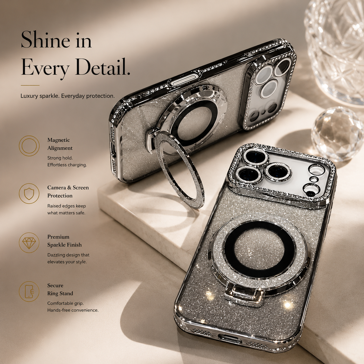 Premium iPhone Case MagSafe Diamond Glitter Clear Magnetic Stand Lens Protection Soft TPU Sparkling Shockproof Protective Cover for iPhone