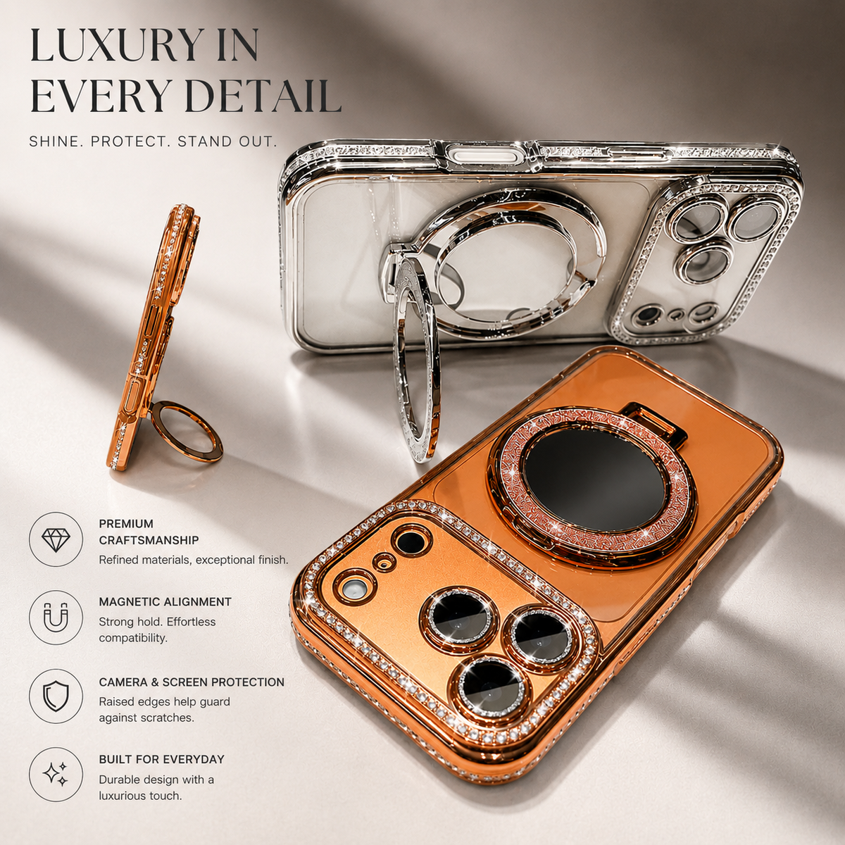 Premium iPhone Case MagSafe Diamond Glitter Mirror Magnetic Stand Clear Shockproof PC TPU Sparkling Ring Holder Protective Cover Slim Case