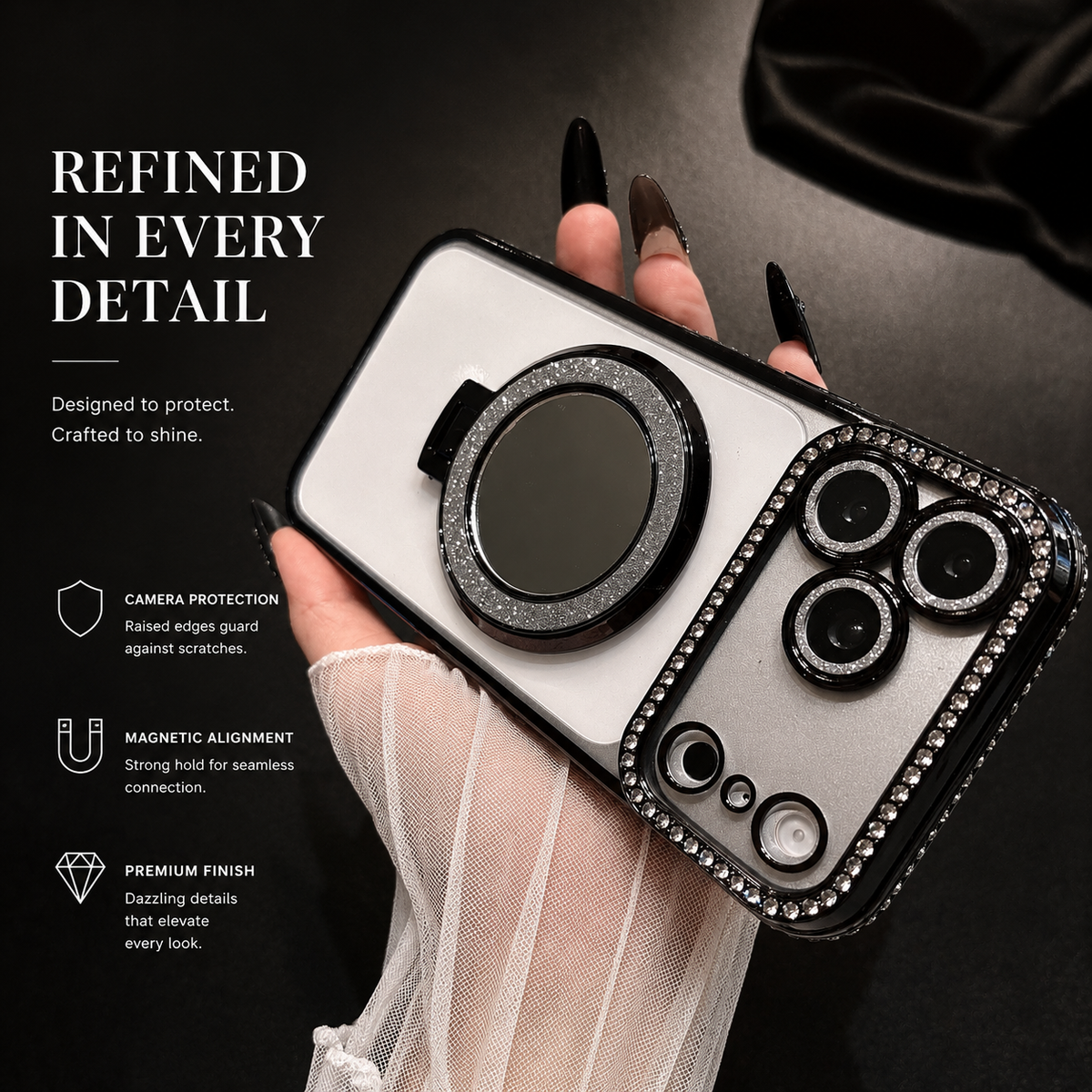 Premium iPhone Case MagSafe Diamond Glitter Mirror Magnetic Stand Clear Shockproof PC TPU Sparkling Ring Holder Protective Cover Slim Case
