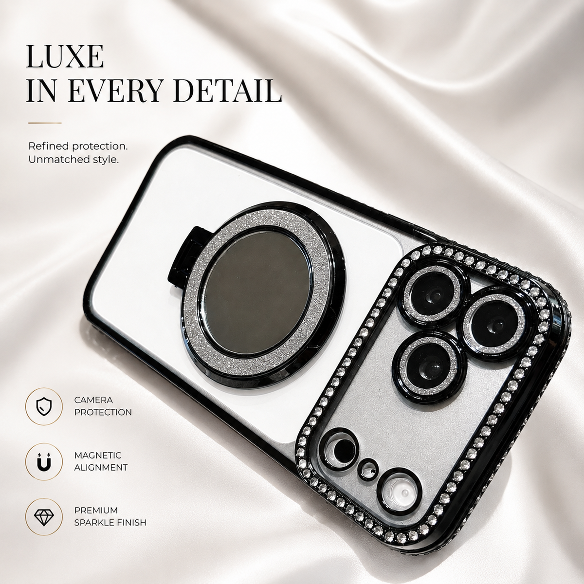 Premium iPhone Case MagSafe Diamond Glitter Mirror Magnetic Stand Clear Shockproof PC TPU Sparkling Ring Holder Protective Cover Slim Case