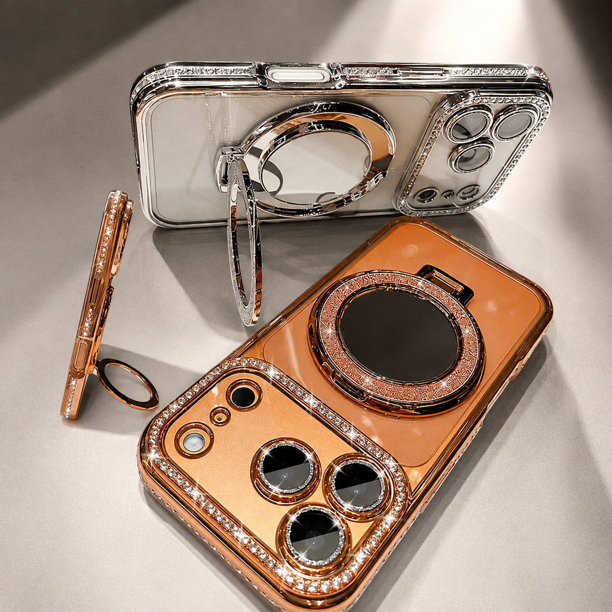 Premium iPhone Case MagSafe Diamond Glitter Mirror Magnetic Stand Clear Shockproof PC TPU Sparkling Ring Holder Protective Cover Slim Case