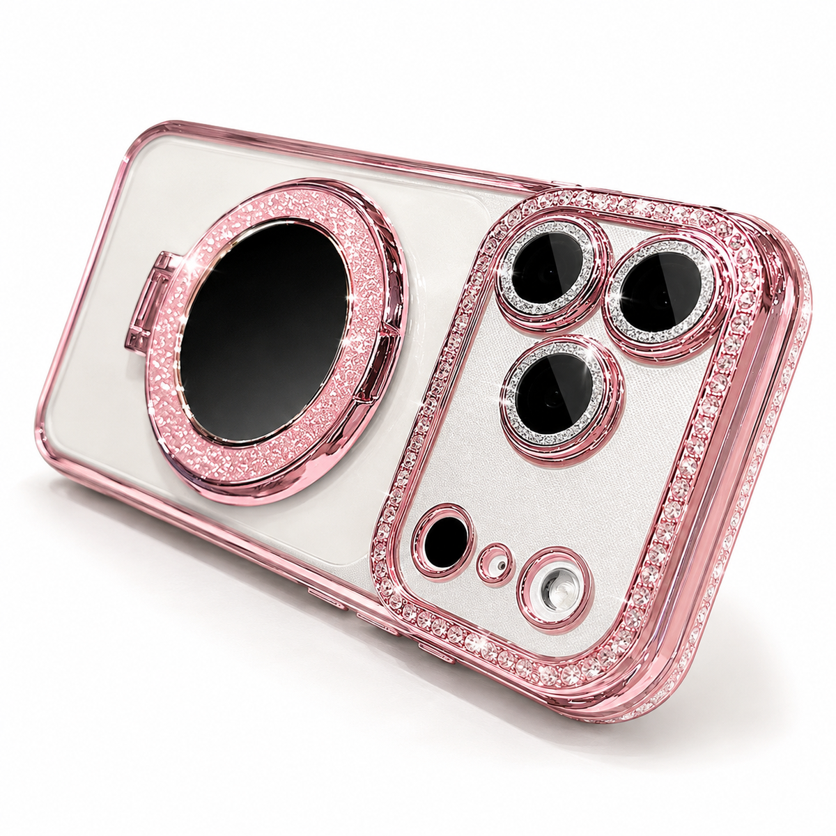 Premium iPhone Case MagSafe Diamond Glitter Mirror Magnetic Stand Clear Shockproof PC TPU Sparkling Ring Holder Protective Cover Slim Case