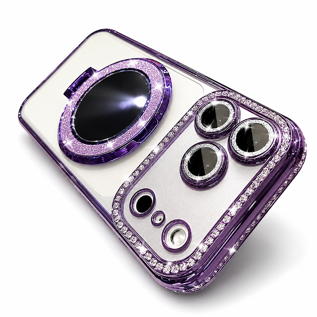 Premium iPhone Case MagSafe Diamond Glitter Mirror Magnetic Stand Clear Shockproof PC TPU Sparkling Ring Holder Protective Cover Slim Case