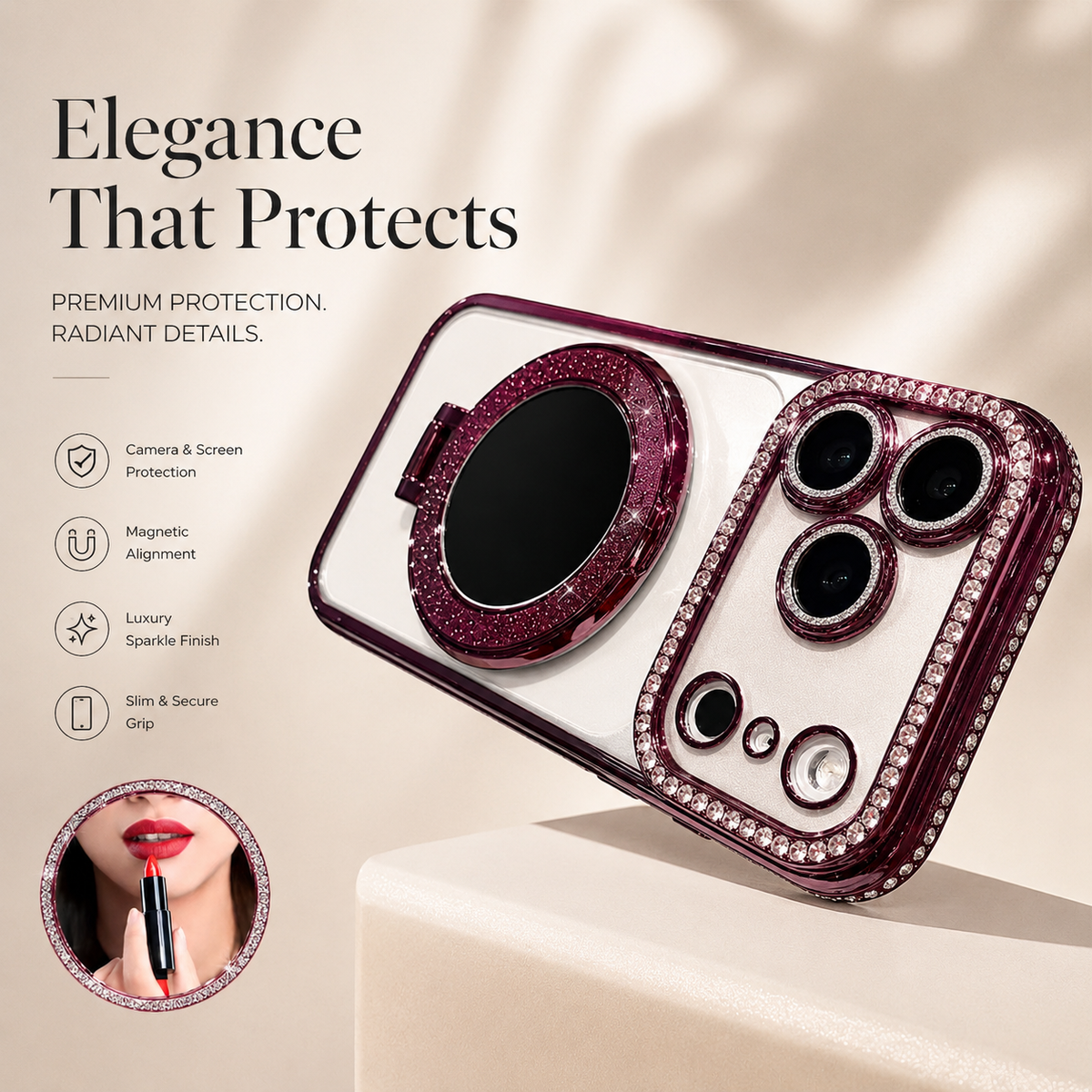 Premium iPhone Case MagSafe Diamond Glitter Mirror Magnetic Stand Clear Shockproof PC TPU Sparkling Ring Holder Protective Cover Slim Case