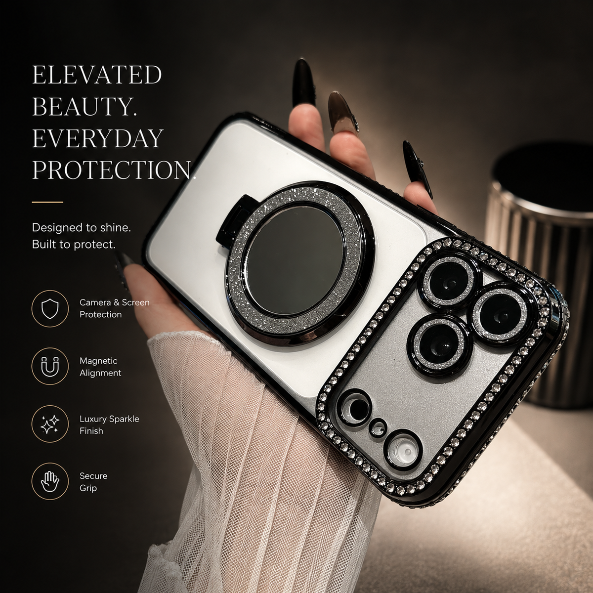Premium iPhone Case MagSafe Diamond Glitter Mirror Magnetic Stand Clear Shockproof PC TPU Sparkling Ring Holder Protective Cover Slim Case