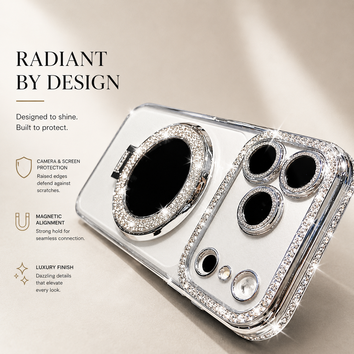 Premium iPhone Case MagSafe Diamond Mirror Stand Glitter Clear TPU Magnetic Holder Transparent Sparkling Lens Protective Cover Anti Scratch Slim Case
