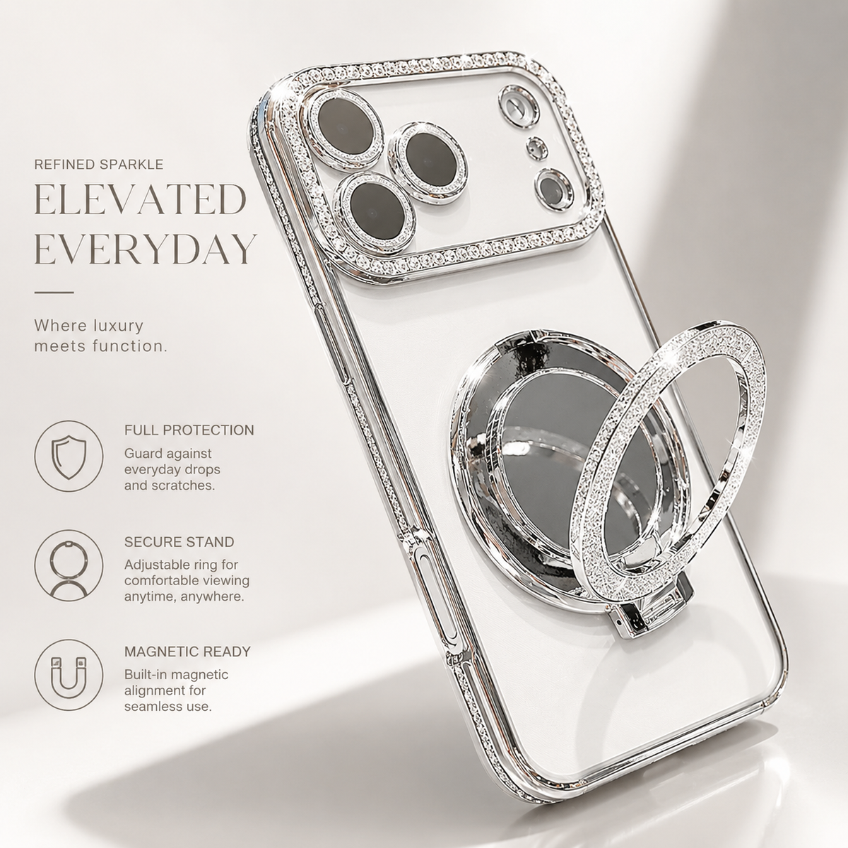 Premium iPhone Case MagSafe Diamond Mirror Stand Glitter Clear TPU Magnetic Holder Transparent Sparkling Lens Protective Cover Anti Scratch Slim Case
