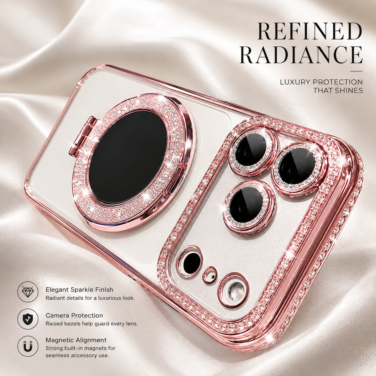 Premium iPhone Case MagSafe Diamond Mirror Stand Glitter Clear TPU Magnetic Holder Transparent Sparkling Lens Protective Cover Anti Scratch Slim Case