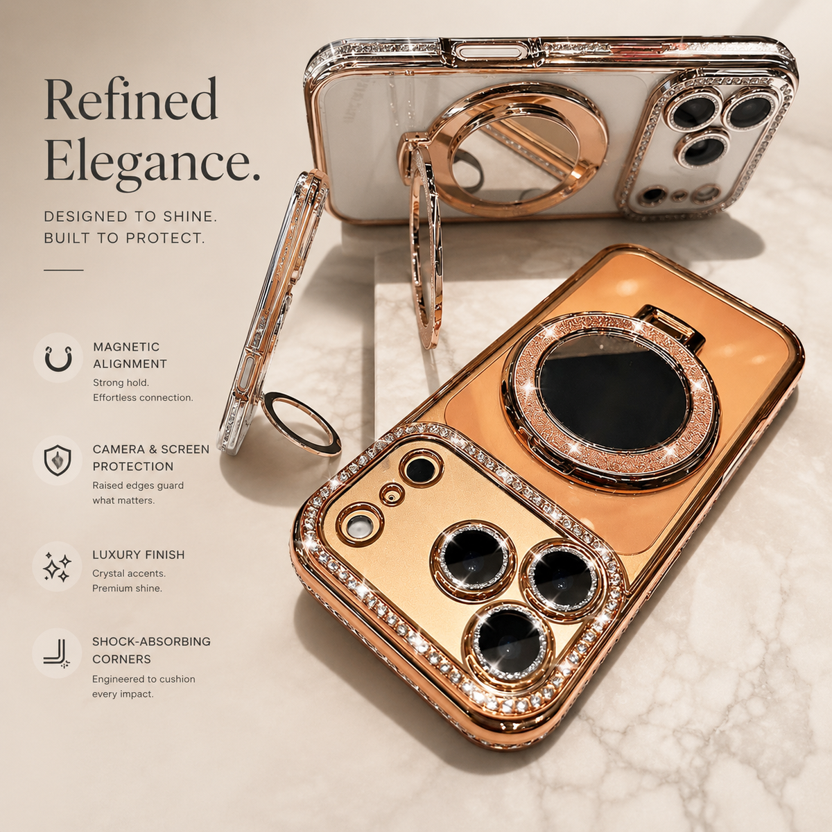 Premium iPhone Case MagSafe Diamond Mirror Stand Glitter Clear TPU Magnetic Holder Transparent Sparkling Lens Protective Cover Anti Scratch Slim Case