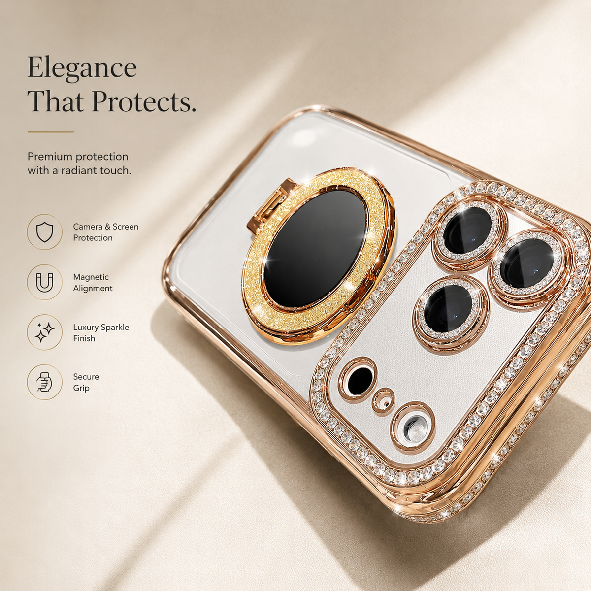 Premium iPhone Case MagSafe Diamond Mirror Stand Glitter Clear TPU Magnetic Holder Transparent Sparkling Lens Protective Cover Anti Scratch Slim Case