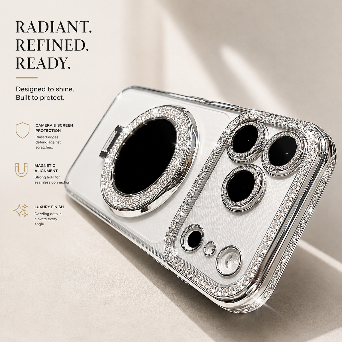 Premium iPhone Case MagSafe Diamond Mirror Stand Glitter Clear TPU Magnetic Holder Transparent Sparkling Lens Protective Cover Anti Scratch Slim Case