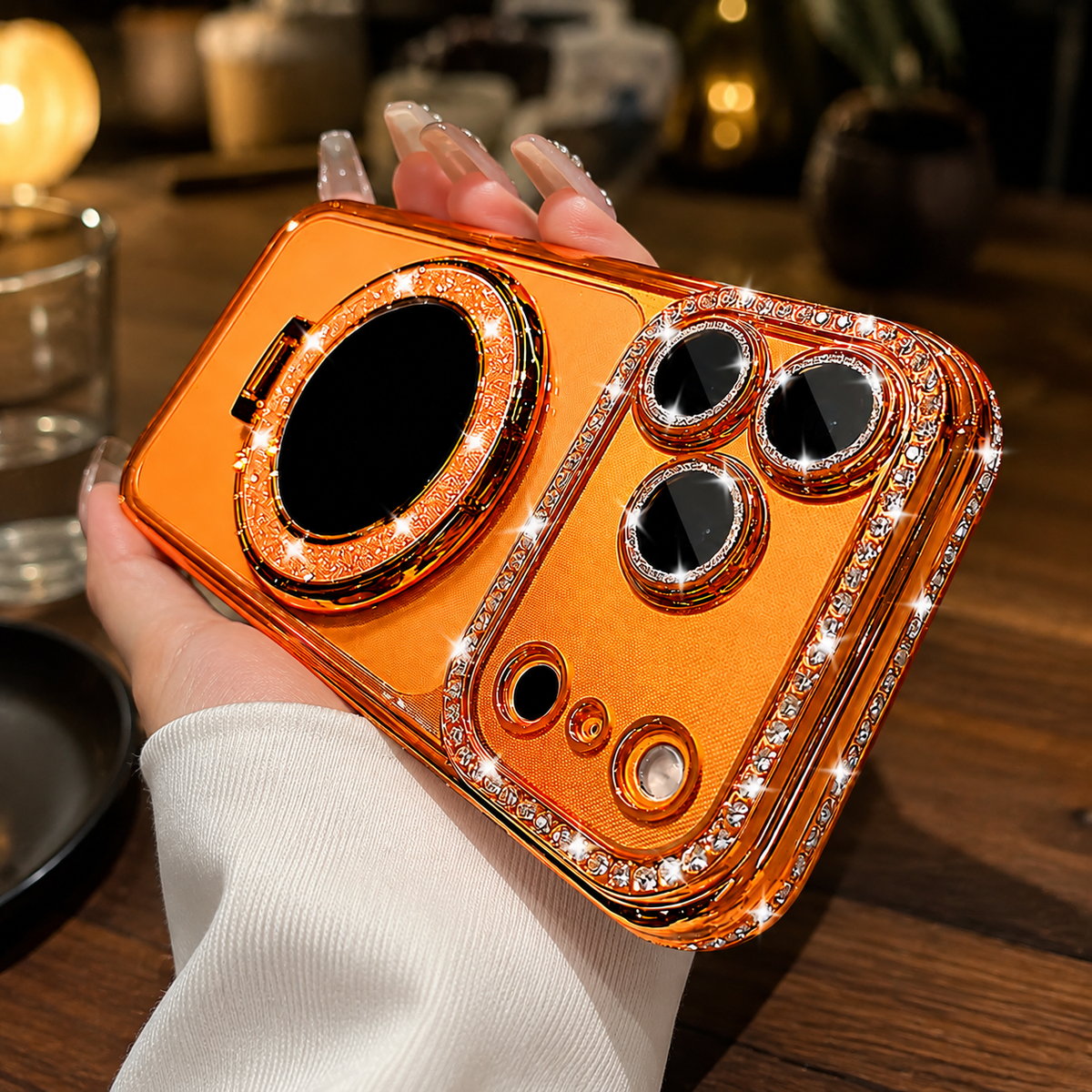 Premium iPhone Case MagSafe Diamond Mirror Stand Glitter Clear TPU Magnetic Holder Transparent Sparkling Lens Protective Cover Anti Scratch Slim Case