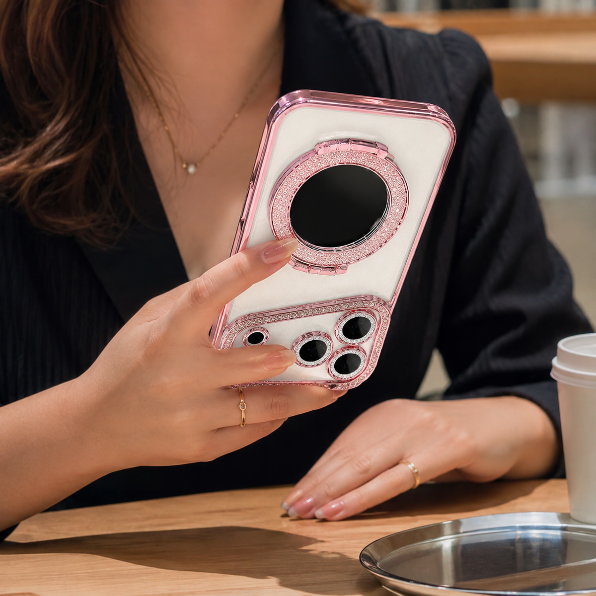 Premium iPhone Case MagSafe Diamond Mirror Stand Glitter Clear TPU Magnetic Holder Transparent Sparkling Lens Protective Cover Anti Scratch Slim Case