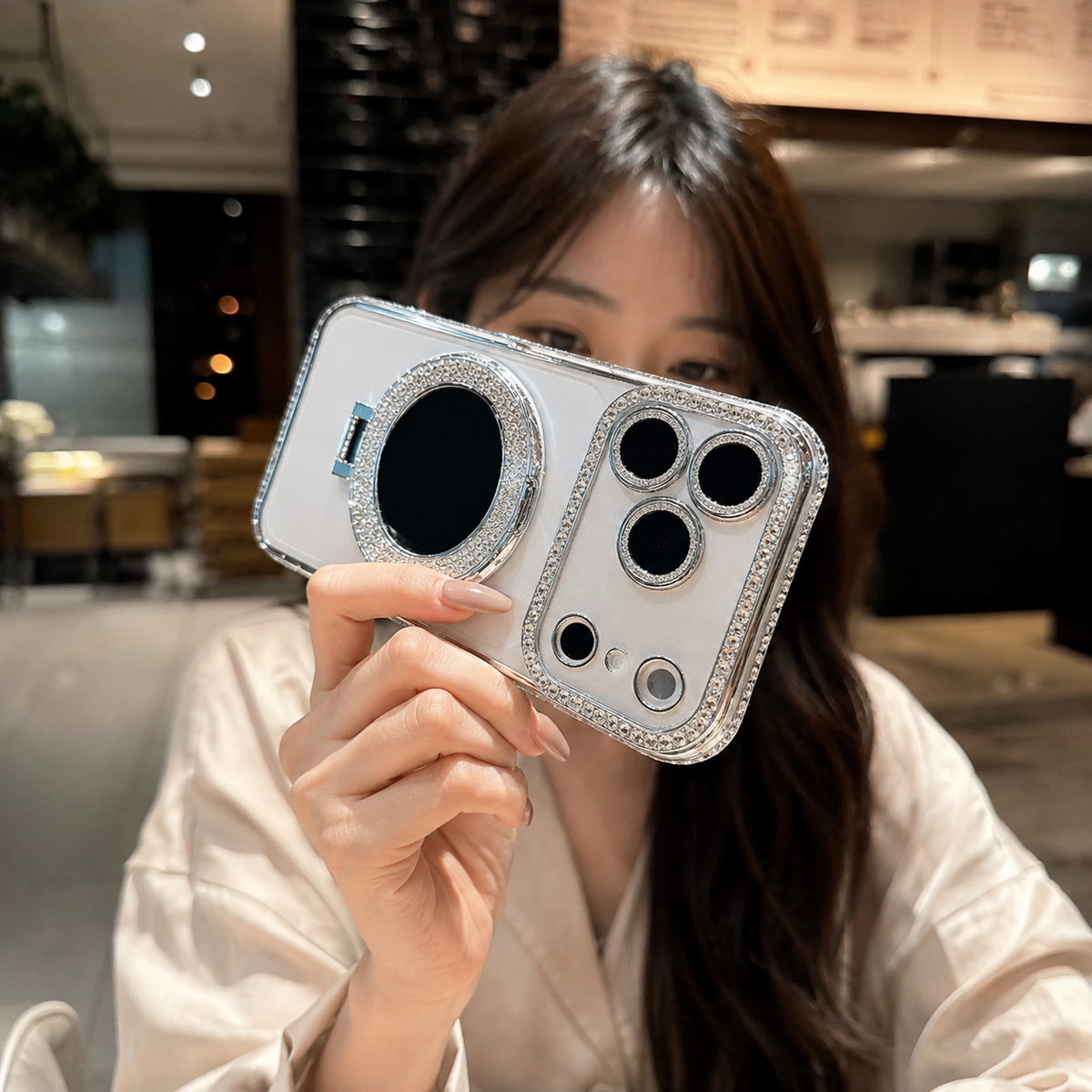 Premium iPhone Case MagSafe Diamond Mirror Stand Glitter Clear TPU Magnetic Holder Transparent Sparkling Lens Protective Cover Anti Scratch Slim Case