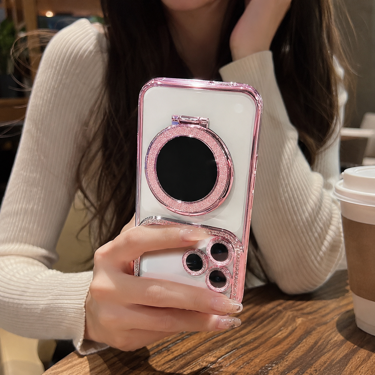 Premium iPhone Case MagSafe Diamond Mirror Stand Glitter Clear TPU Magnetic Holder Transparent Sparkling Lens Protective Cover Anti Scratch Slim Case