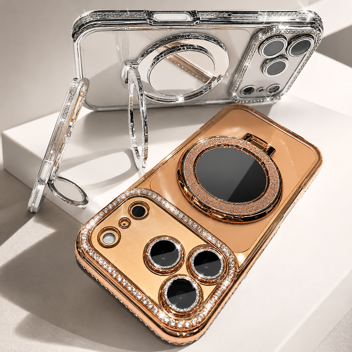 Premium iPhone Case MagSafe Diamond Mirror Stand Glitter Clear TPU Magnetic Holder Transparent Sparkling Lens Protective Cover Anti Scratch Slim Case