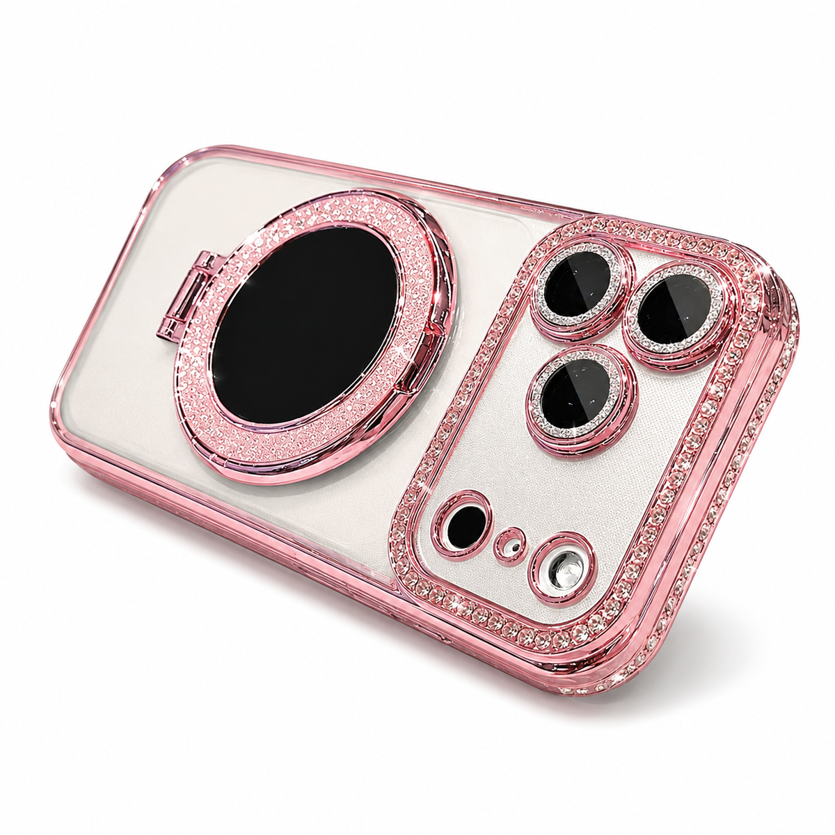 Premium iPhone Case MagSafe Diamond Mirror Stand Glitter Clear TPU Magnetic Holder Transparent Sparkling Lens Protective Cover Anti Scratch Slim Case