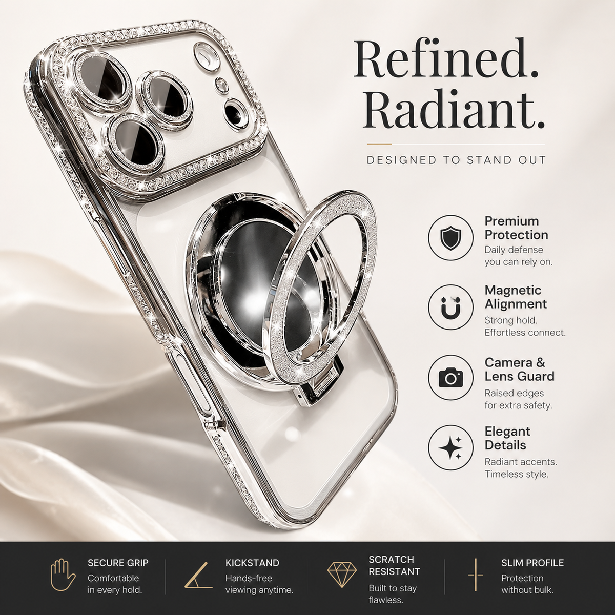 Premium iPhone Case MagSafe Diamond Mirror Stand Glitter Clear TPU Magnetic Holder Transparent Sparkling Lens Protective Cover Anti Scratch Slim Case