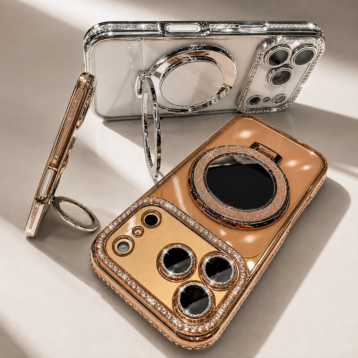 Premium iPhone Case MagSafe Diamond Mirror Stand Glitter Clear TPU Magnetic Holder Transparent Sparkling Lens Protective Cover Anti Scratch Slim Case
